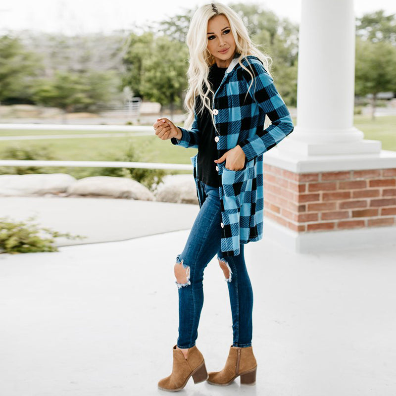 Long Sleeve Button Down Tartan Plaid Hoodie Front Pockets