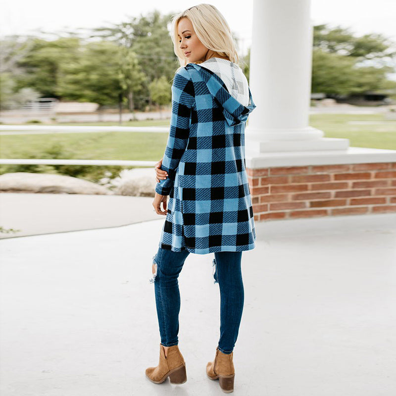 Long Sleeve Button Down Tartan Plaid Hoodie Front Pockets