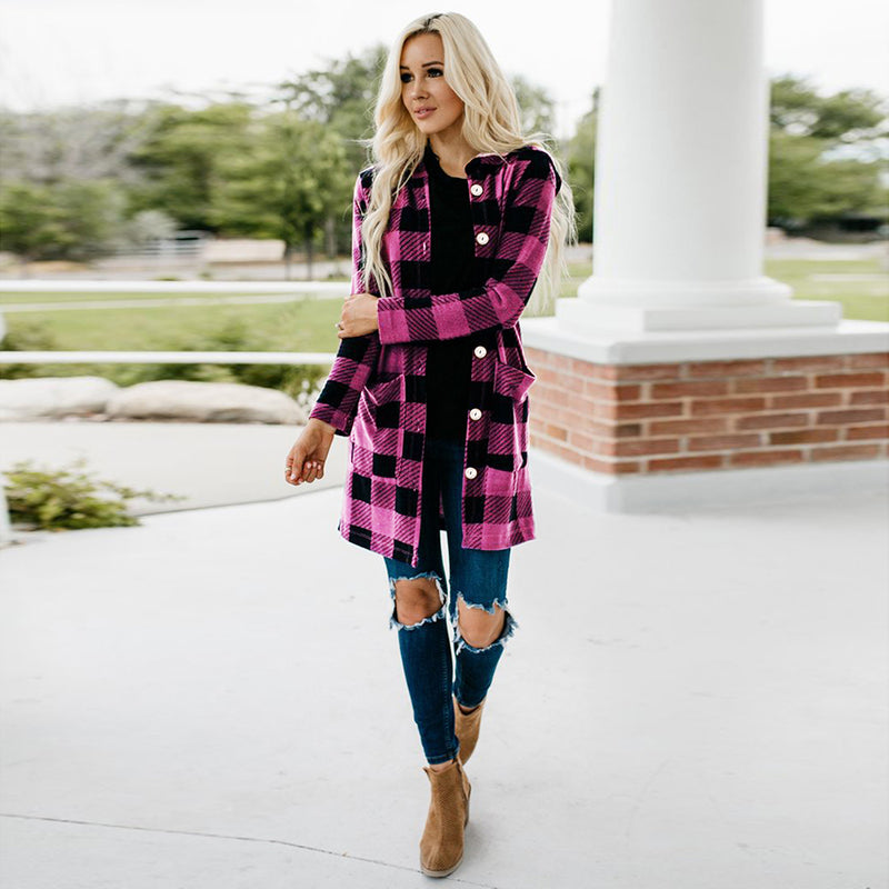 Long Sleeve Button Down Tartan Plaid Hoodie Front Pockets