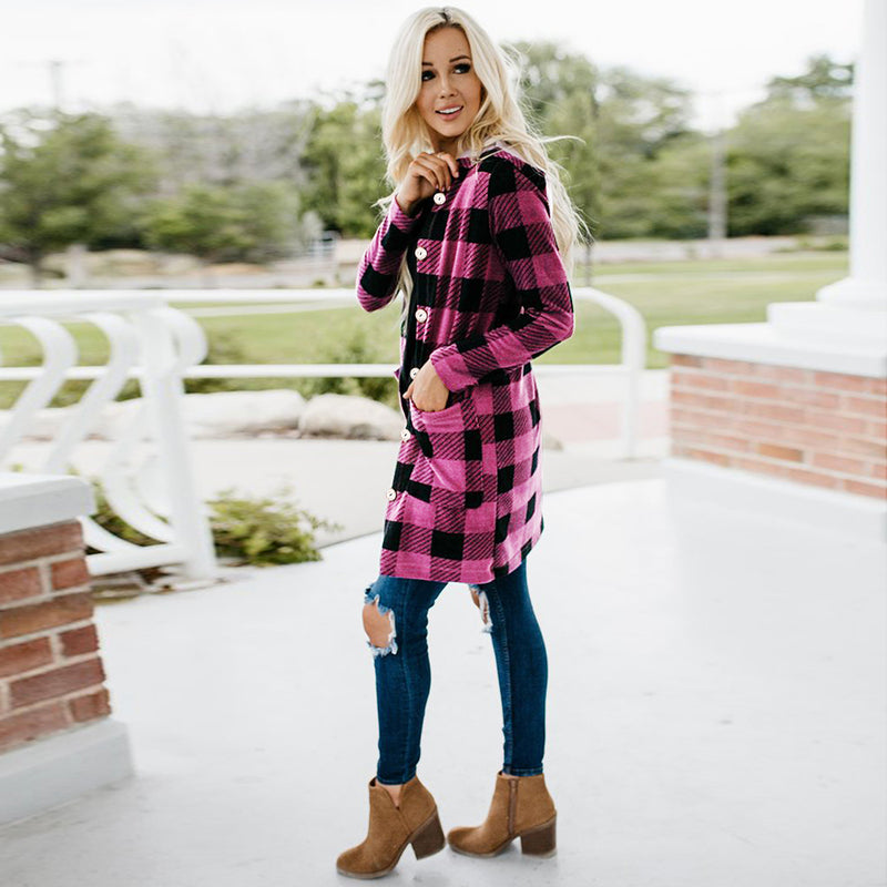 Long Sleeve Button Down Tartan Plaid Hoodie Front Pockets