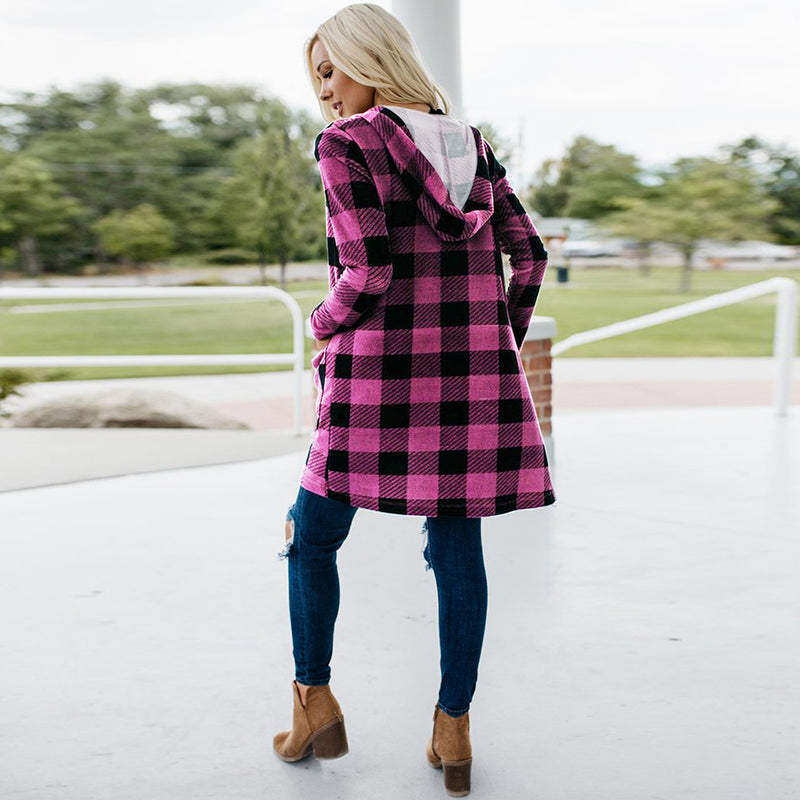 Long Sleeve Button Down Tartan Plaid Hoodie Front Pockets