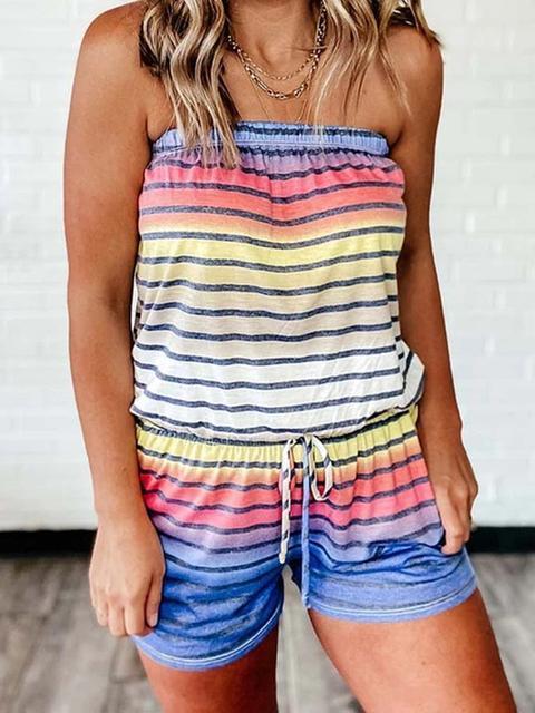 Rainbow Striped Print Strapless Shorts Jumpsuit