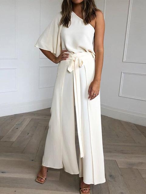 Solid One Shoulder Skew Neck Two Piece Jumpsuit