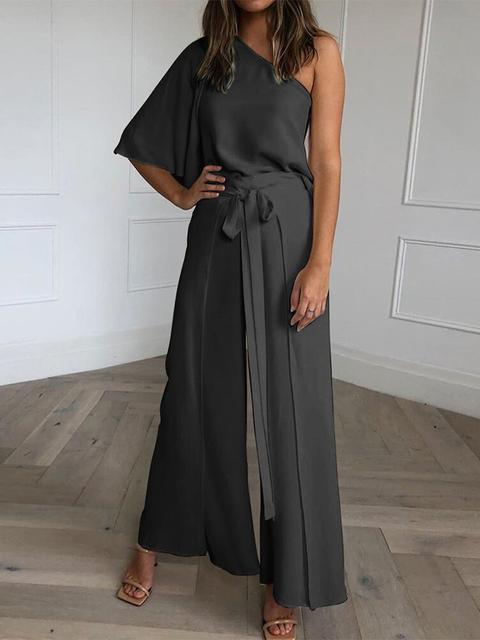 Solid One Shoulder Skew Neck Two Piece Jumpsuit