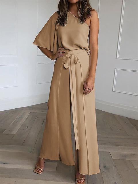 Solid One Shoulder Skew Neck Two Piece Jumpsuit