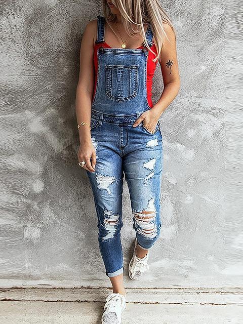 Solid Ripped Pocket Desgin Denim Jumpsuit