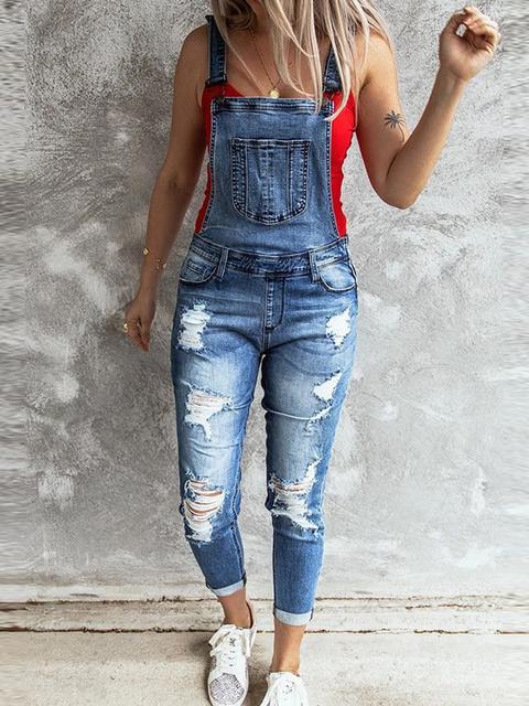 Solid Ripped Pocket Desgin Denim Jumpsuit