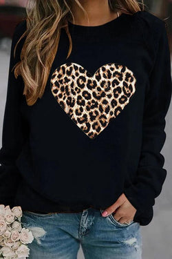 Leopard Heart Print Round Neck Sweatshirts