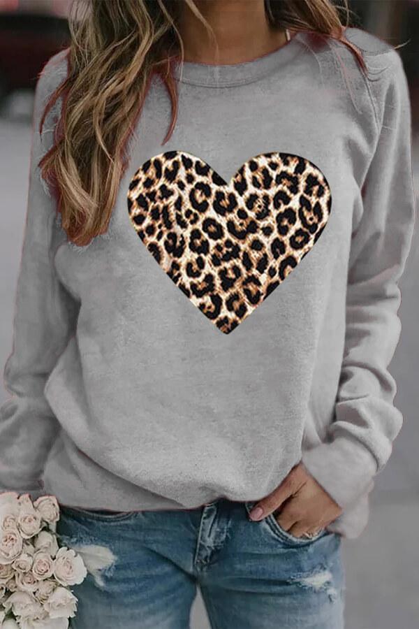 Leopard Heart Print Round Neck Sweatshirts