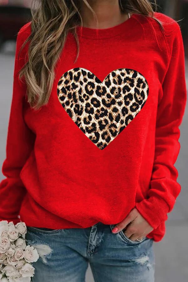 Leopard Heart Print Round Neck Sweatshirts