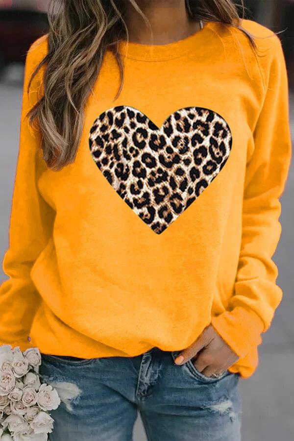 Leopard Heart Print Round Neck Sweatshirts