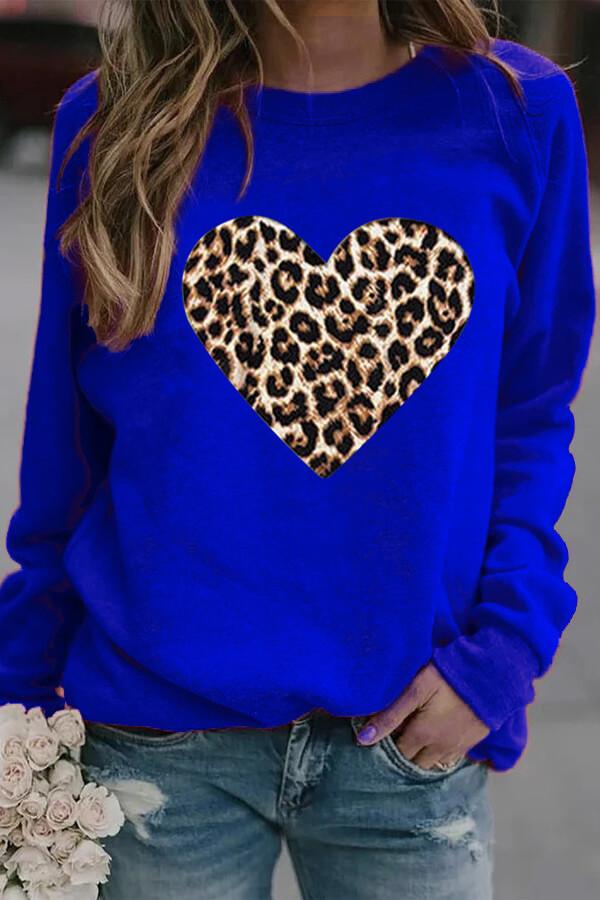 Leopard Heart Print Round Neck Sweatshirts