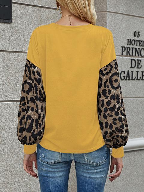 Leopard Lantern Sleeve Round Neck T-shirt