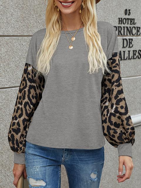 Leopard Lantern Sleeve Round Neck T-shirt