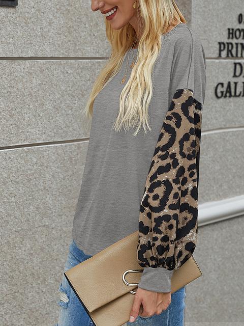 Leopard Lantern Sleeve Round Neck T-shirt