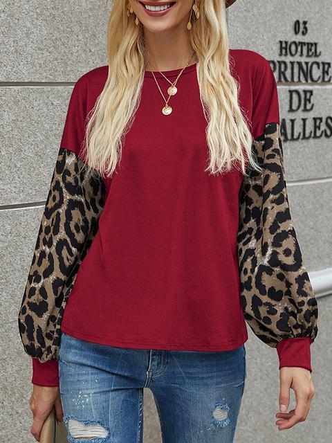 Leopard Lantern Sleeve Round Neck T-shirt