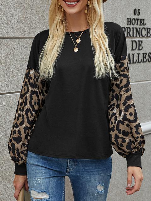 Leopard Lantern Sleeve Round Neck T-shirt