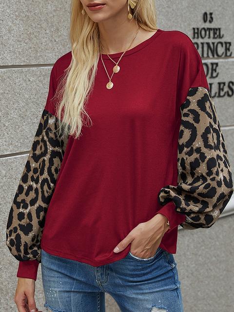 Leopard Lantern Sleeve Round Neck T-shirt