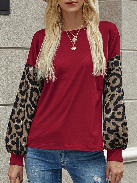 Leopard Lantern Sleeve Round Neck T-shirt