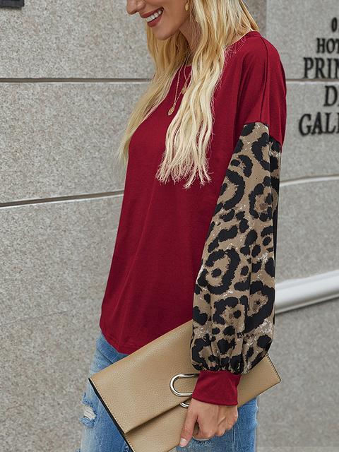 Leopard Lantern Sleeve Round Neck T-shirt