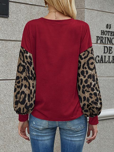 Leopard Lantern Sleeve Round Neck T-shirt