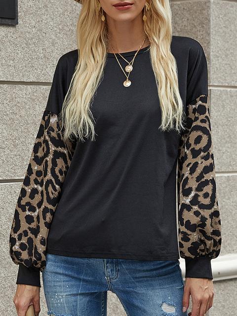 Leopard Lantern Sleeve Round Neck T-shirt