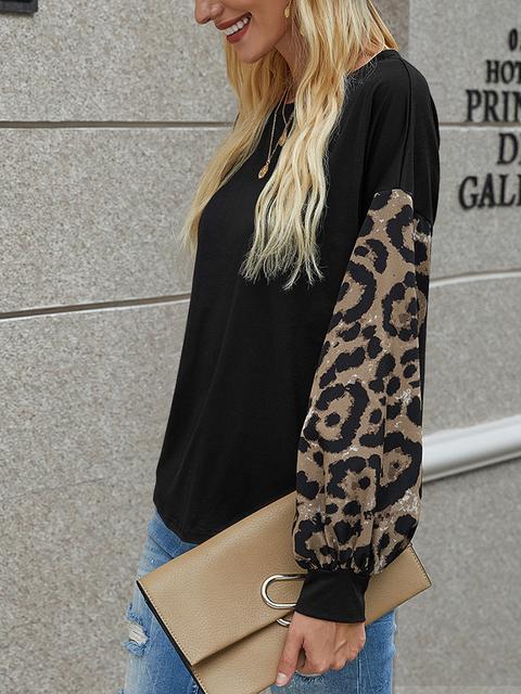 Leopard Lantern Sleeve Round Neck T-shirt