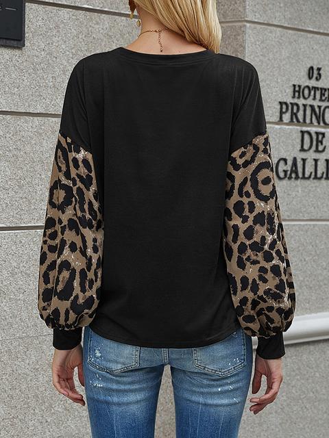 Leopard Lantern Sleeve Round Neck T-shirt