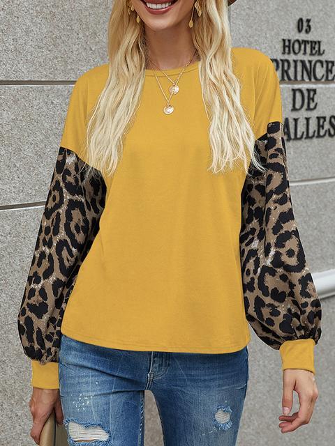 Leopard Lantern Sleeve Round Neck T-shirt