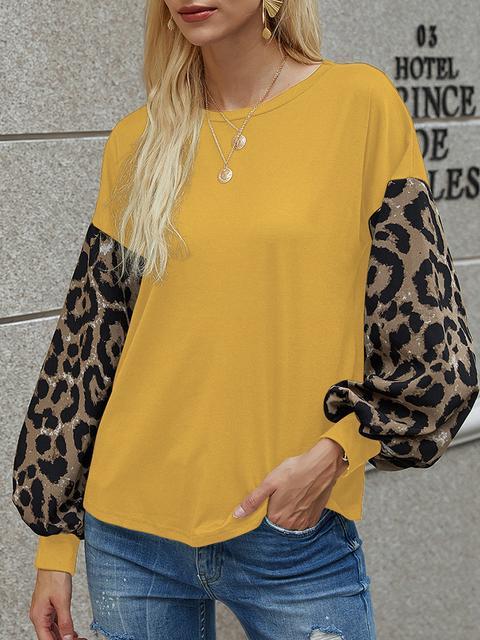 Leopard Lantern Sleeve Round Neck T-shirt