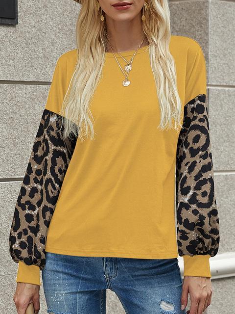 Leopard Lantern Sleeve Round Neck T-shirt