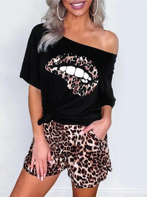 Leopard Lip One Shoulder T-shirt Shorts Set