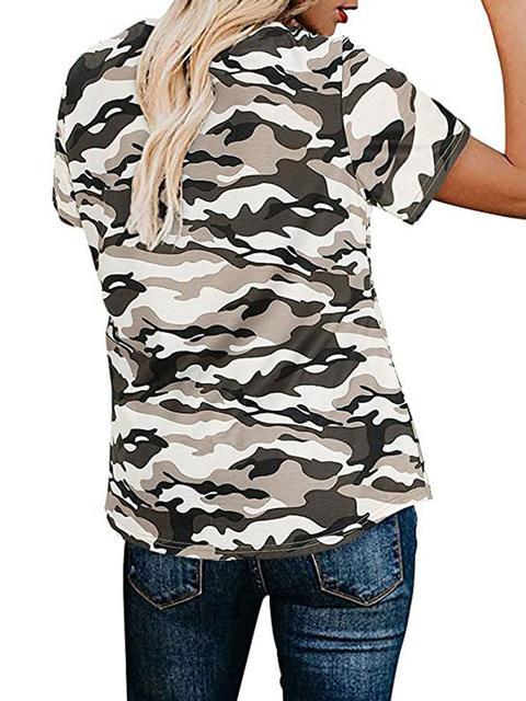 Leopard Camo Print Short Sleeve Button Top