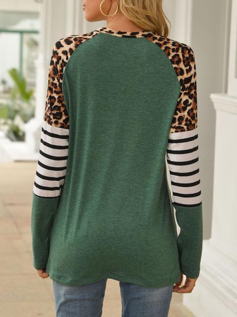 Leopard Stripe Stitching Raglan Sleeve T-shirt