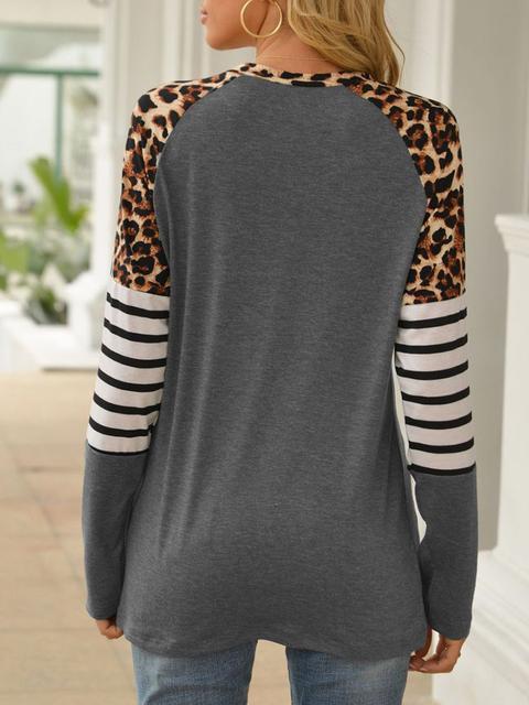 Leopard Stripe Stitching Raglan Sleeve T-shirt