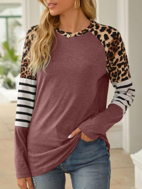 Leopard Stripe Stitching Raglan Sleeve T-shirt