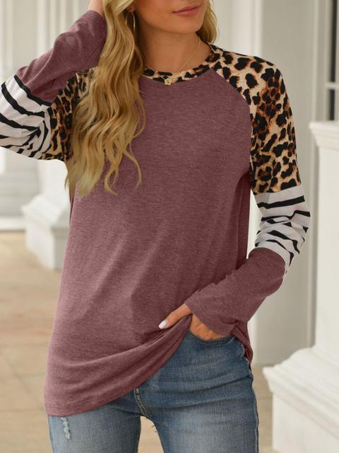 Leopard Stripe Stitching Raglan Sleeve T-shirt