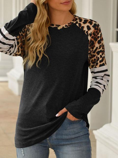 Leopard Stripe Stitching Raglan Sleeve T-shirt