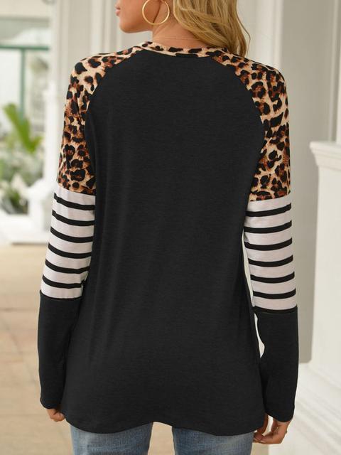 Leopard Stripe Stitching Raglan Sleeve T-shirt