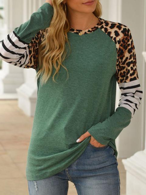 Leopard Stripe Stitching Raglan Sleeve T-shirt