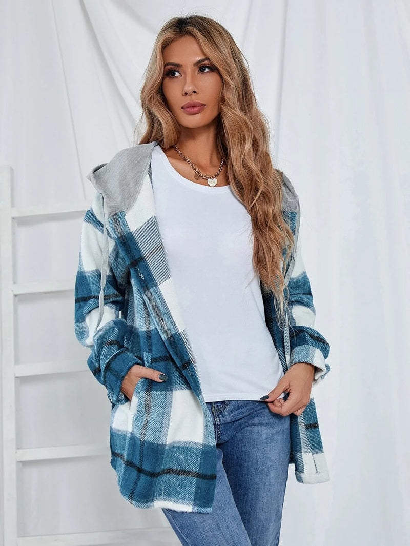 Hooded Drawstring Button Down Jacket Top