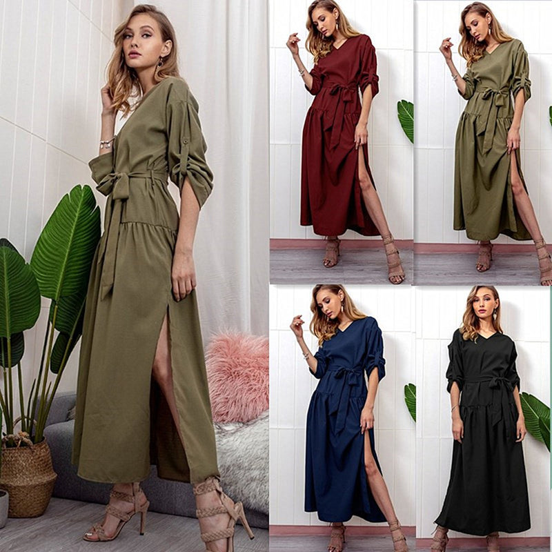 Long Sleeve Loose Plain Maxi Dresses