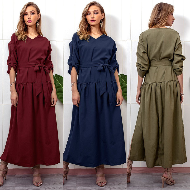 Long Sleeve Loose Plain Maxi Dresses