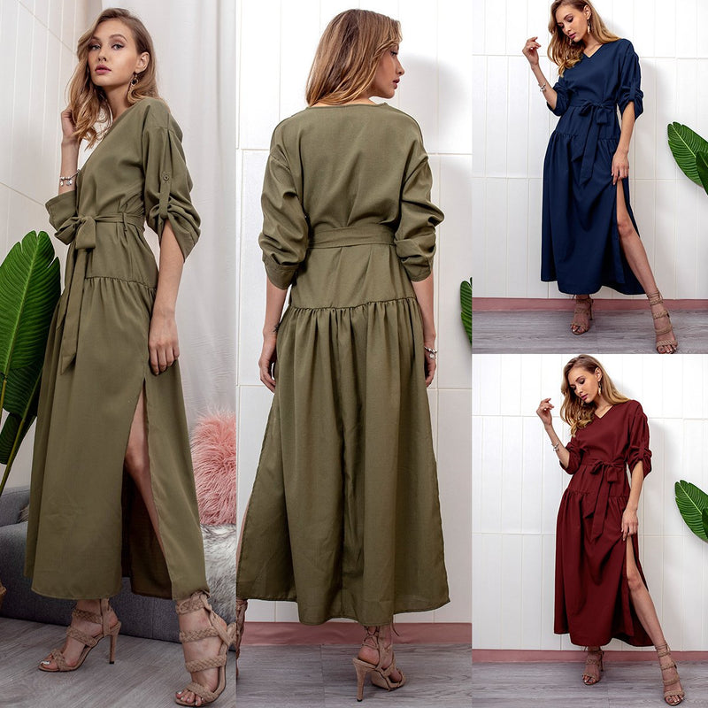 Long Sleeve Loose Plain Maxi Dresses