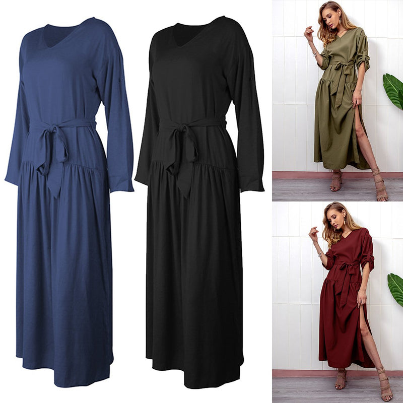 Long Sleeve Loose Plain Maxi Dresses