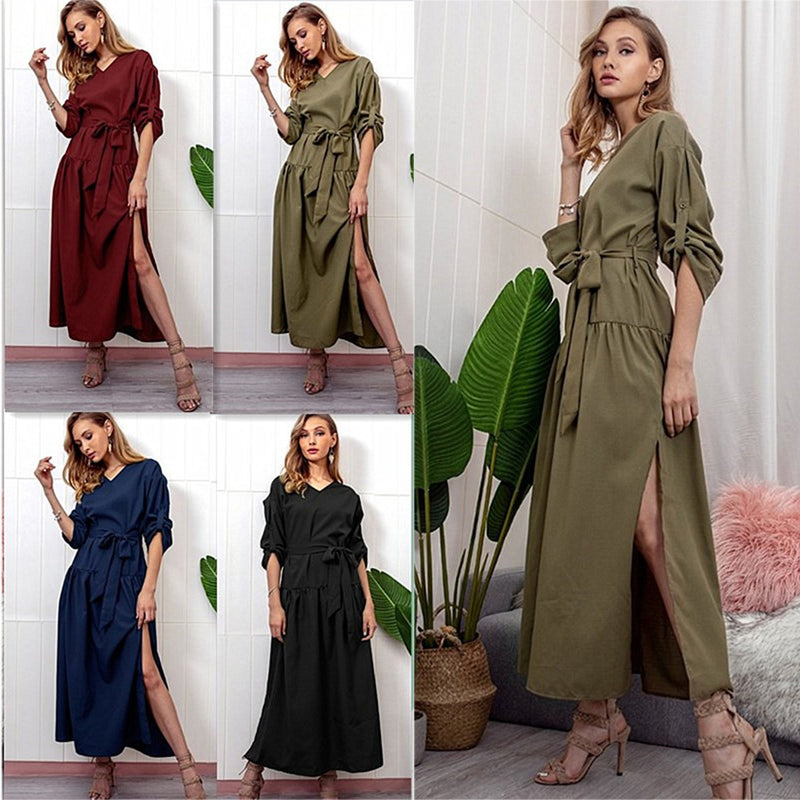 Long Sleeve Loose Plain Maxi Dresses