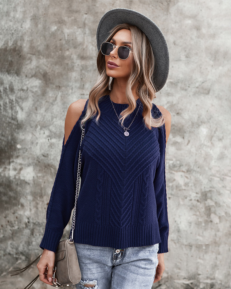 Cold Shoulder Long Sleeve Round Neck Knitted Sweater