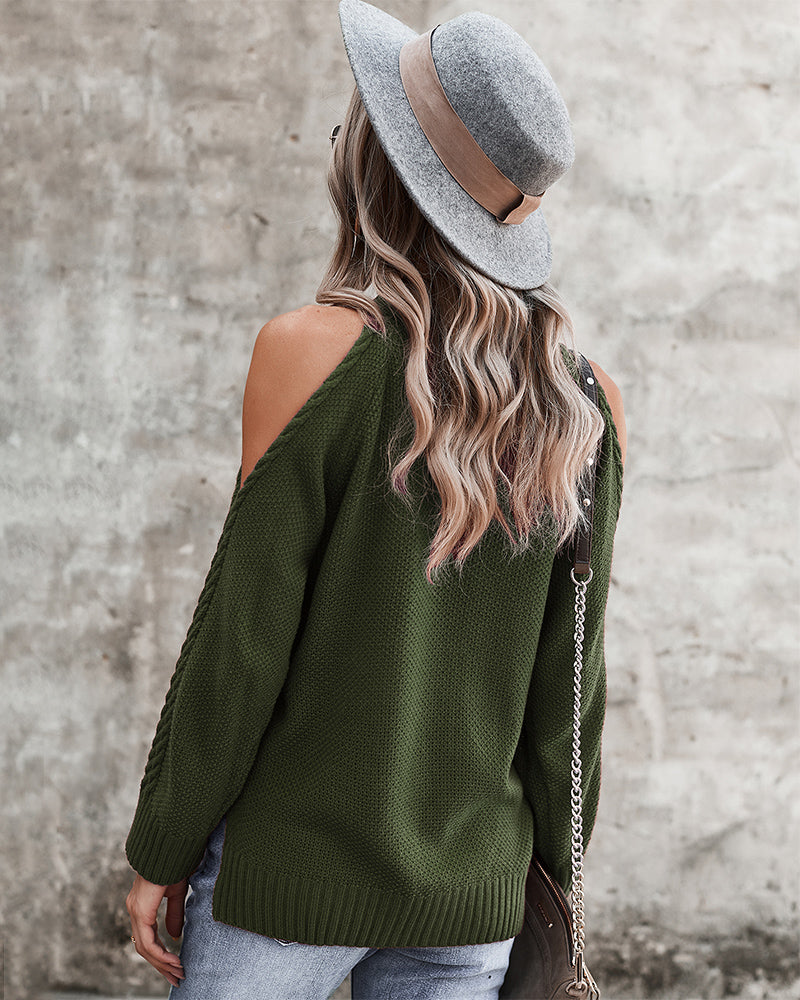 Cold Shoulder Long Sleeve Round Neck Knitted Sweater