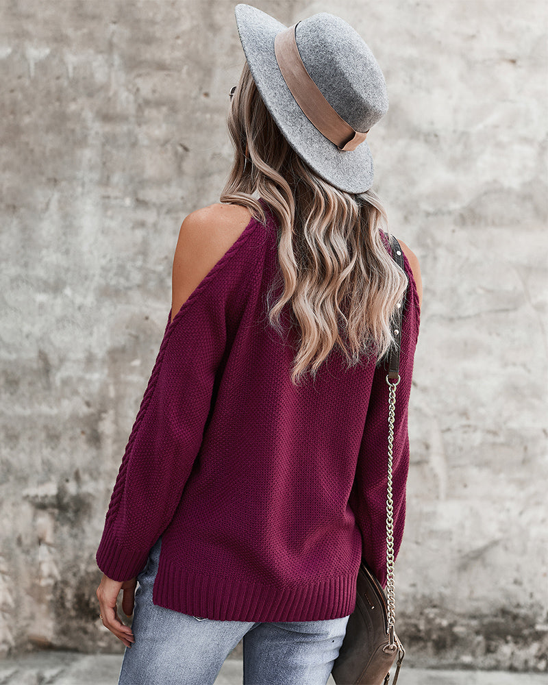 Cold Shoulder Long Sleeve Round Neck Knitted Sweater