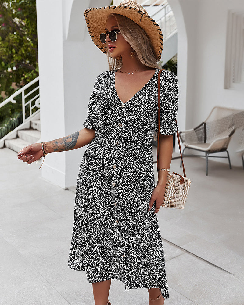 Short Sleeve Button Front Split Maxi Dress